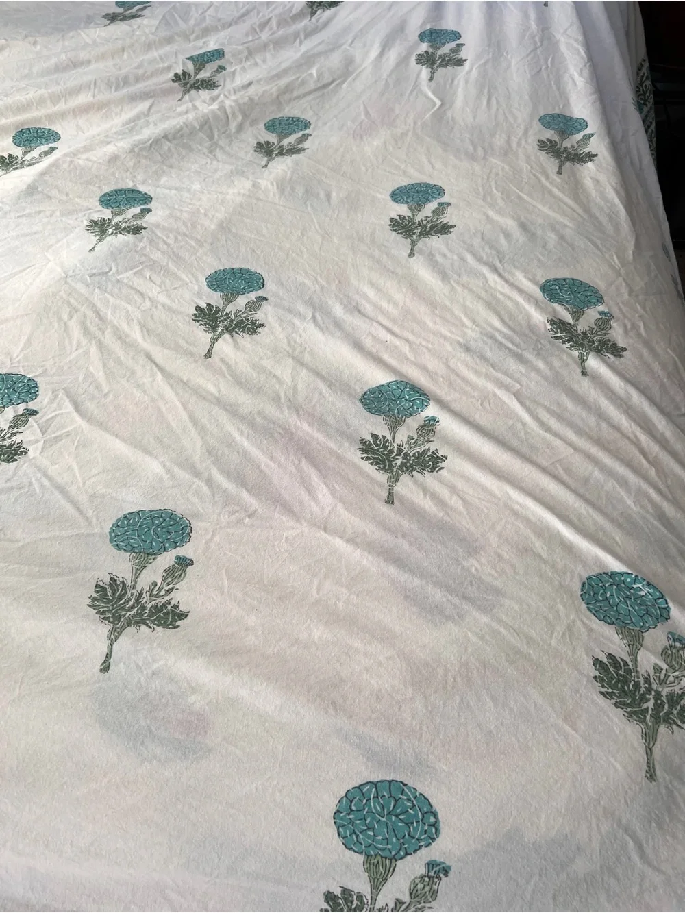Block Print Cotton Coverlet Bedspread 108” x 98” White Turquoise Floral Marigold